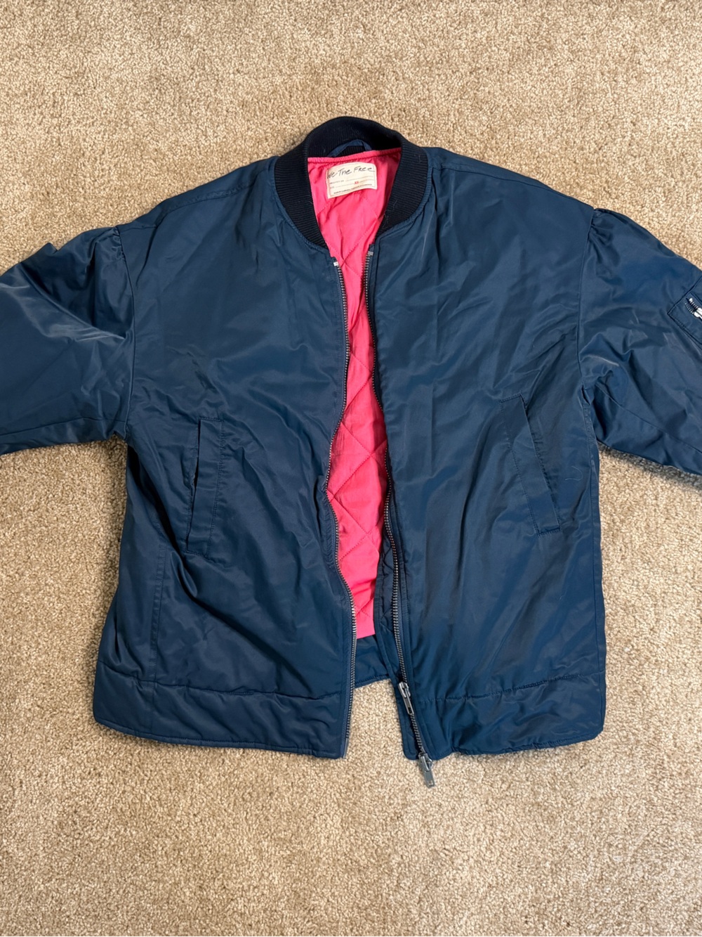 We The Free Navy Bomber Jacket with Pink Quilted Lining
